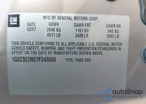 2007 Saturn Aura Xe из США, поврежденный, VIN 1G8ZS57N67F243698